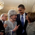 President Obama with Secretary of Health and Human Services Kathleen Sebelius and House Speaker Nancy Pelosi 